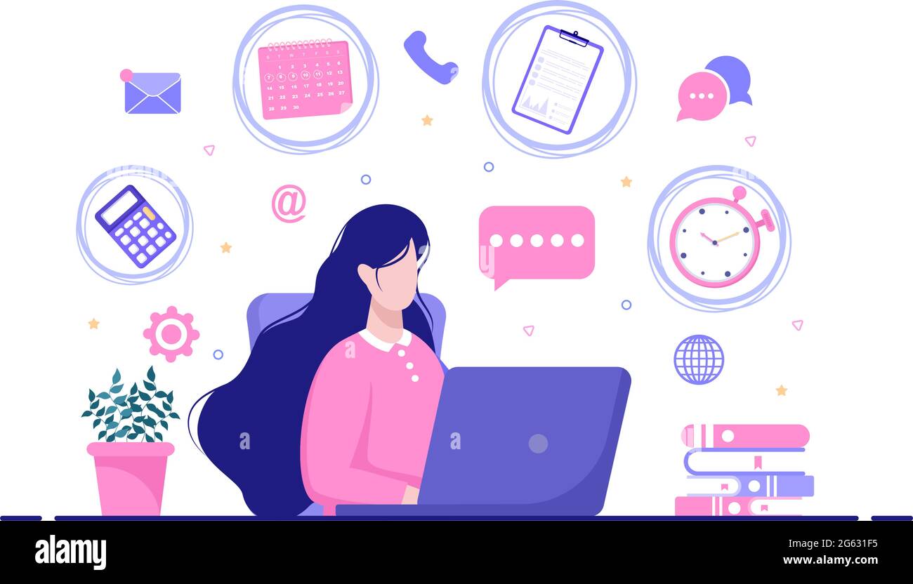 Multitâche femme d'affaires ou employé de bureau comme secrétaire entouré de mains avec tenir chaque travail dans le lieu de travail. Illustration vectorielle Illustration de Vecteur