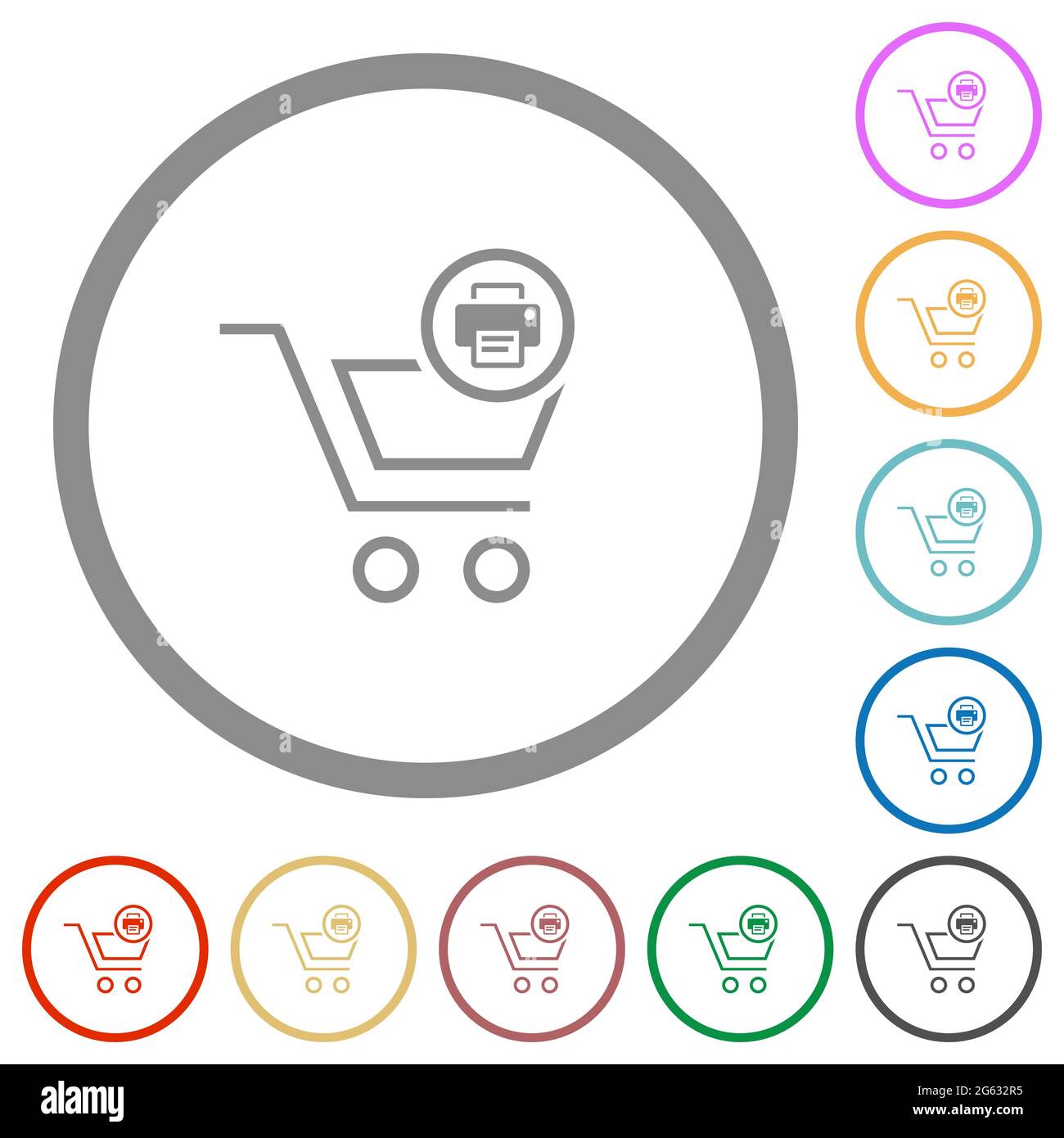 Imprimer les icônes de couleur plate des articles du chariot dans des contours ronds sur fond blanc Illustration de Vecteur