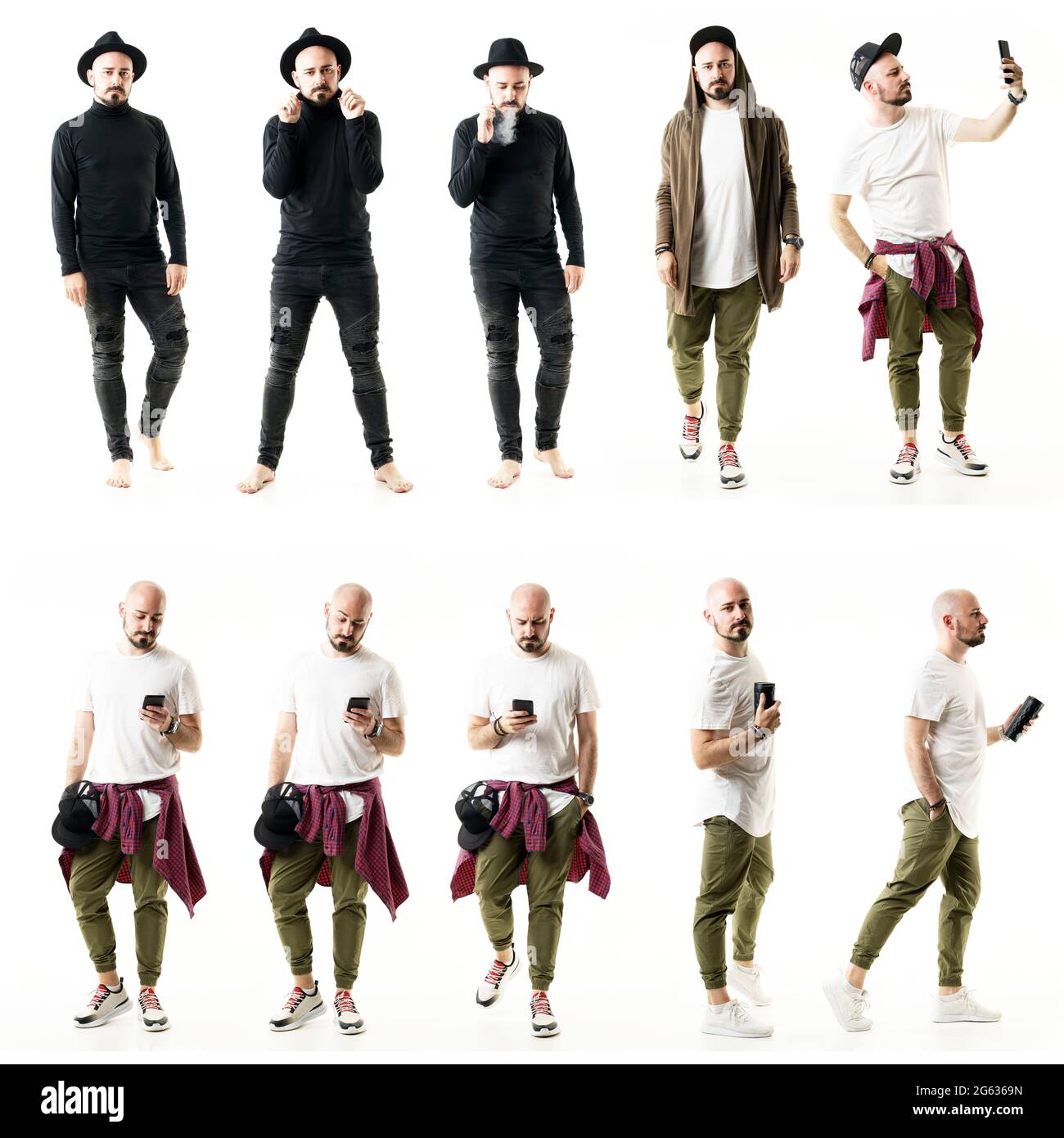 Ensemble de jeune homme moderne portant differents styles de vetements a l aide du telephone. Portraits de personnes sur tout le corps isoles sur fond blanc Photo Stock Alamy