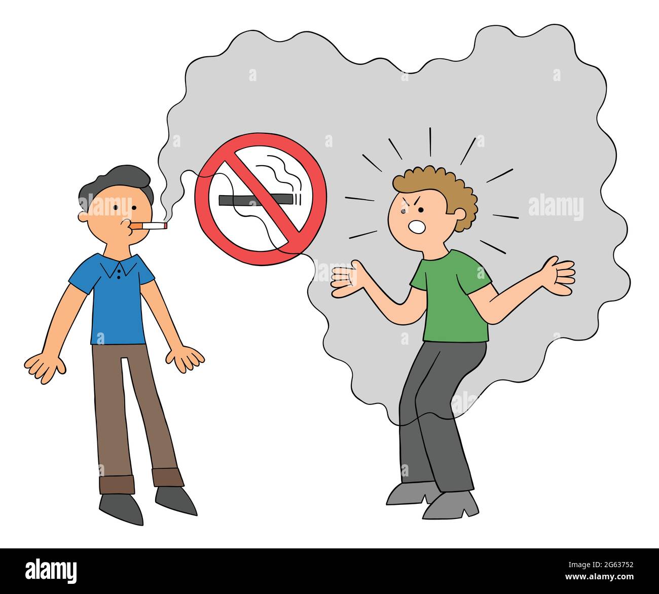 Caricature homme fumer dans un endroit où il est interdit de fumer et l'autre homme se fâche, illustration vectorielle. Contours colorés et noirs. Illustration de Vecteur