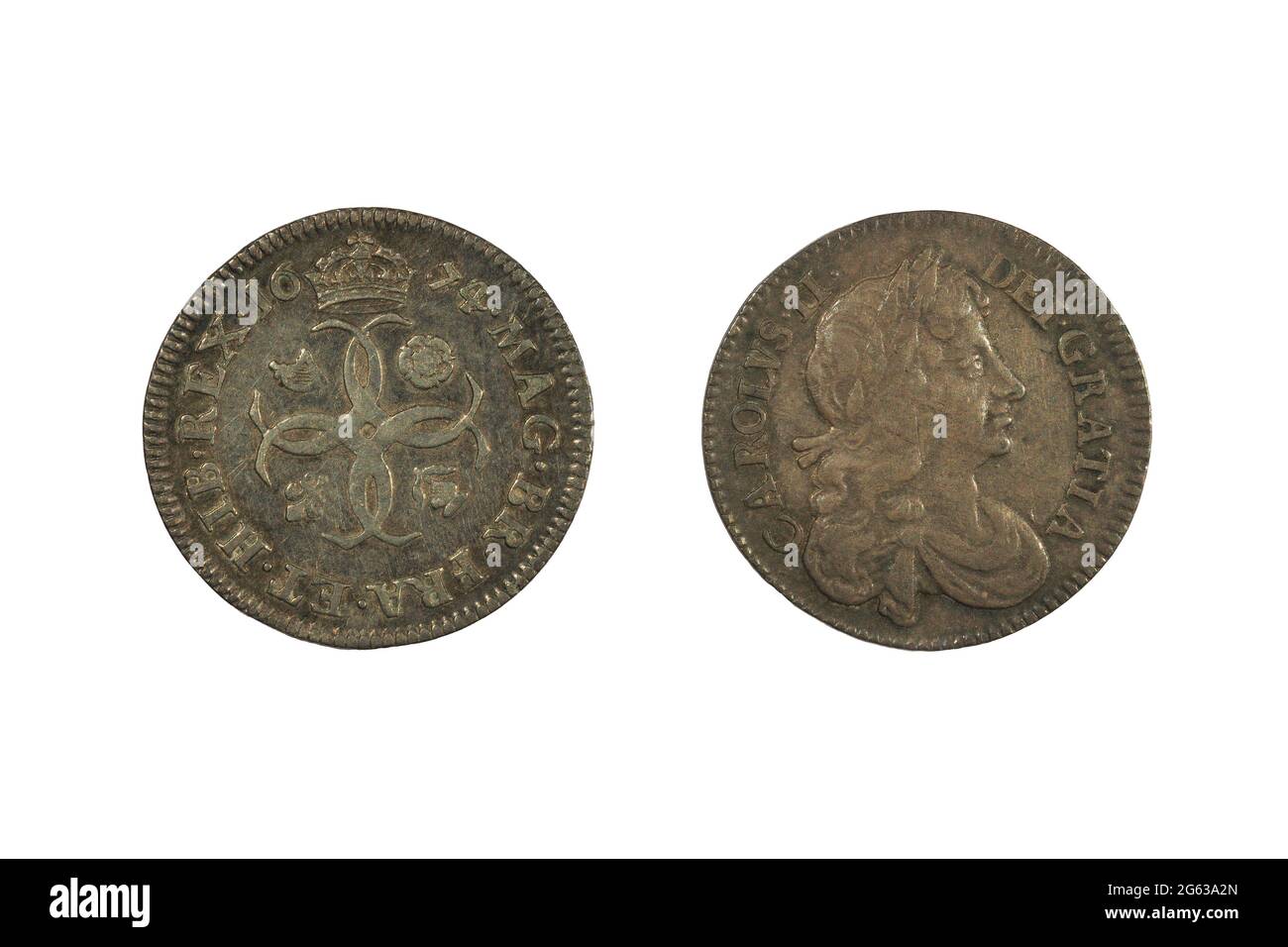 Les deux côtés de Am English King Charles II fourpence pièce de 1674 Banque D'Images