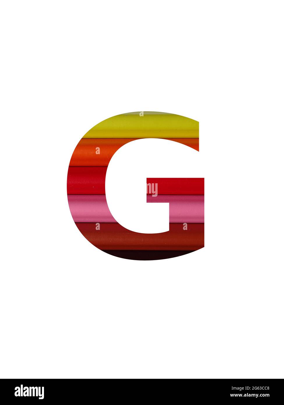 Lettre G de l'alphabet avec crayon de couleur, en jaune, orange, rouge, rose, marron Banque D'Images