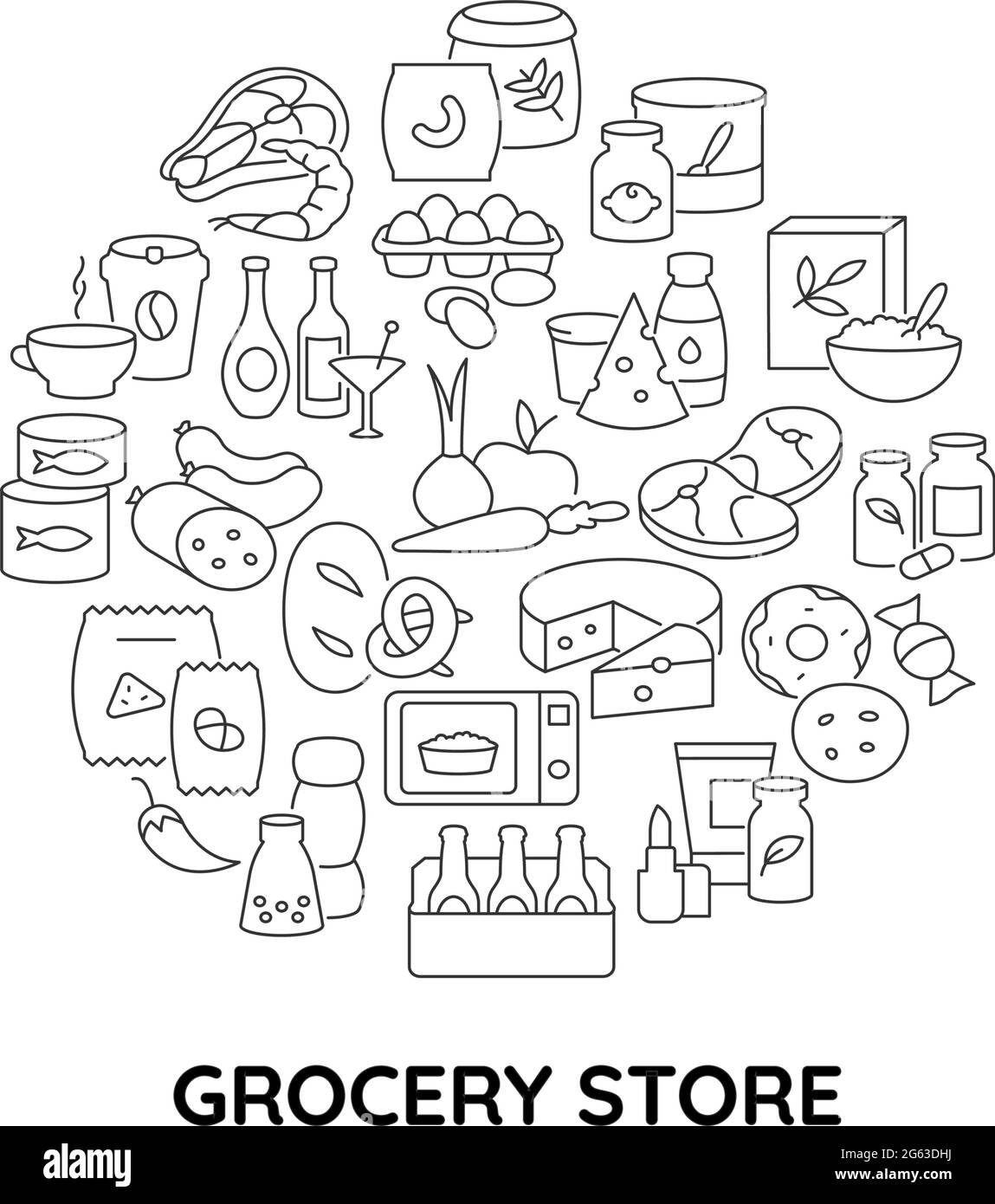 Plan d'agencement linéaire abstrait de la nourriture de magasin de proximité avec titre Illustration de Vecteur