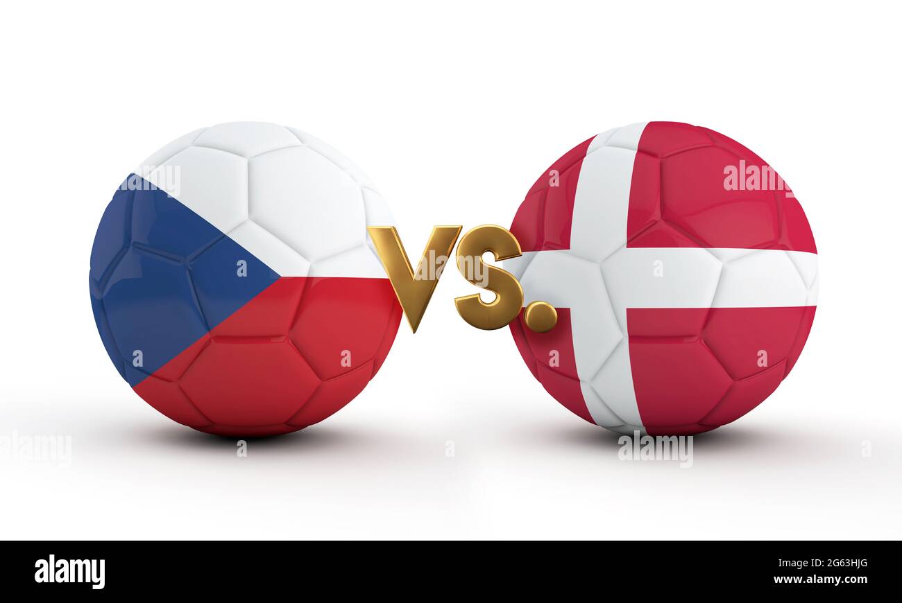 République tchèque contre. Match de football du Danemark. Drapeaux et football. Rendu 3D Banque D'Images