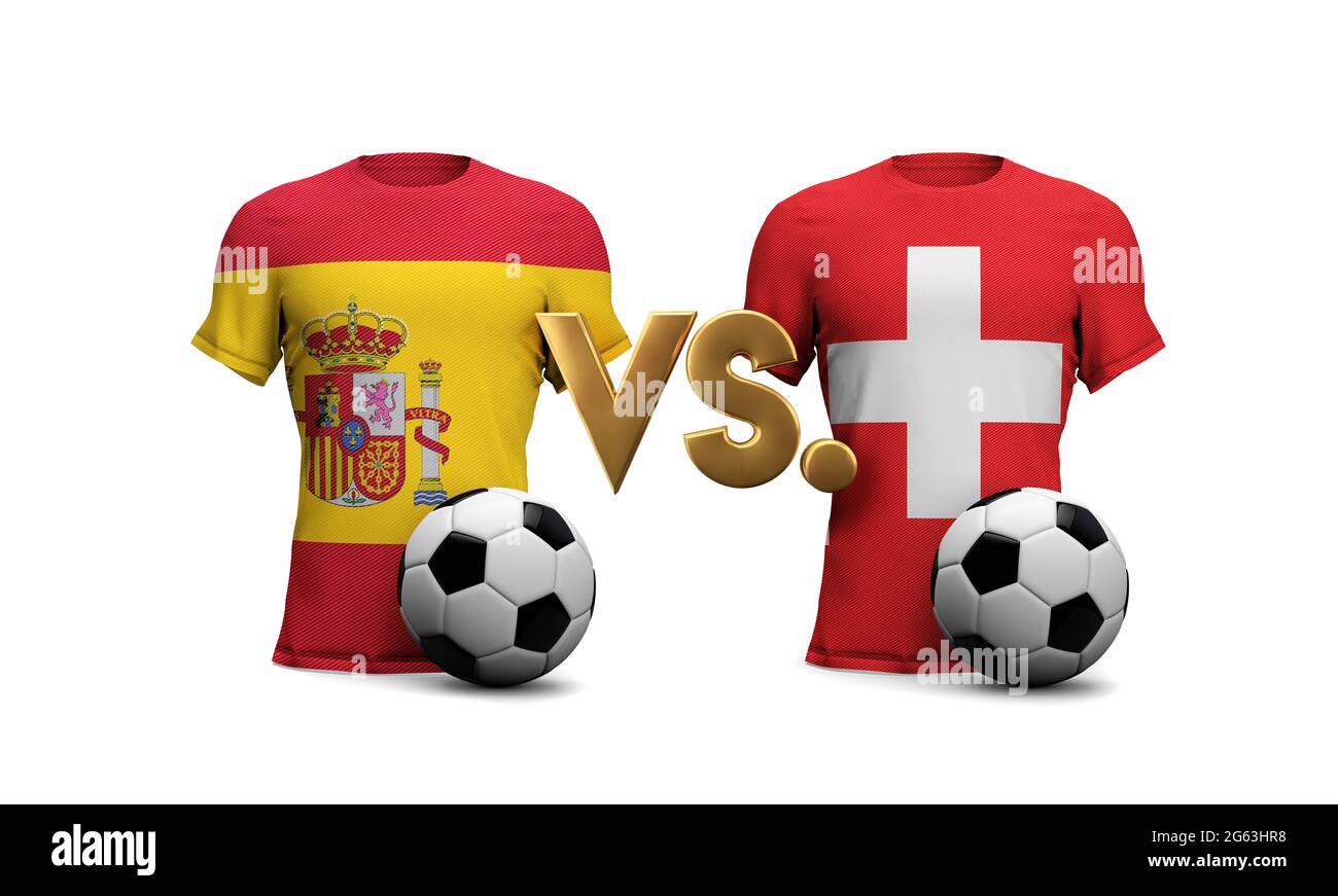 Espagne contre. Match de football suisse. Drapeaux et football. Rendu 3D Banque D'Images