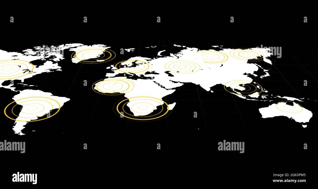 Carte blanche du monde avec cercles concentriques jaunes rayonnants sur les territoires sur fond noir Banque D'Images