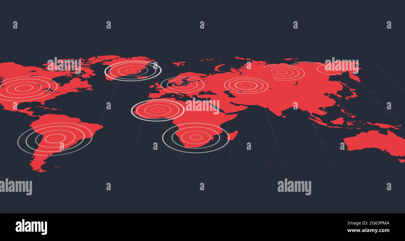 Carte du monde rouge avec cercles concentriques blancs rayonnants sur des territoires sur fond noir Banque D'Images