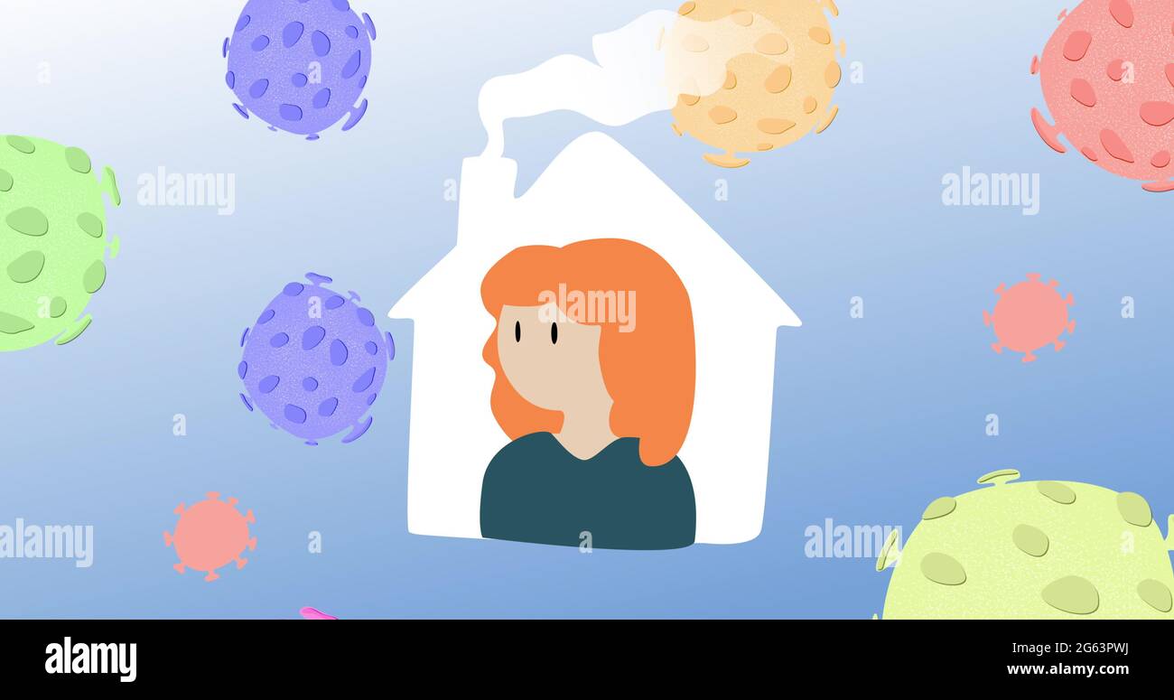 Image d'une personne qui reste à la maison avec des cellules Covid-19 de macro coronavirus flottant sur le backgro bleu Banque D'Images