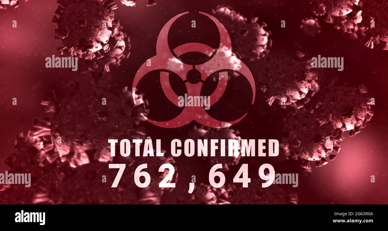 Image d'un signe de danger pour la santé au-dessus des cellules du coronavirus flottant dans un liquide 4k Banque D'Images