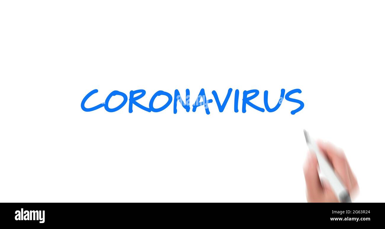 Personne écrivant des textes de concept de coronavirus sur fond blanc Banque D'Images