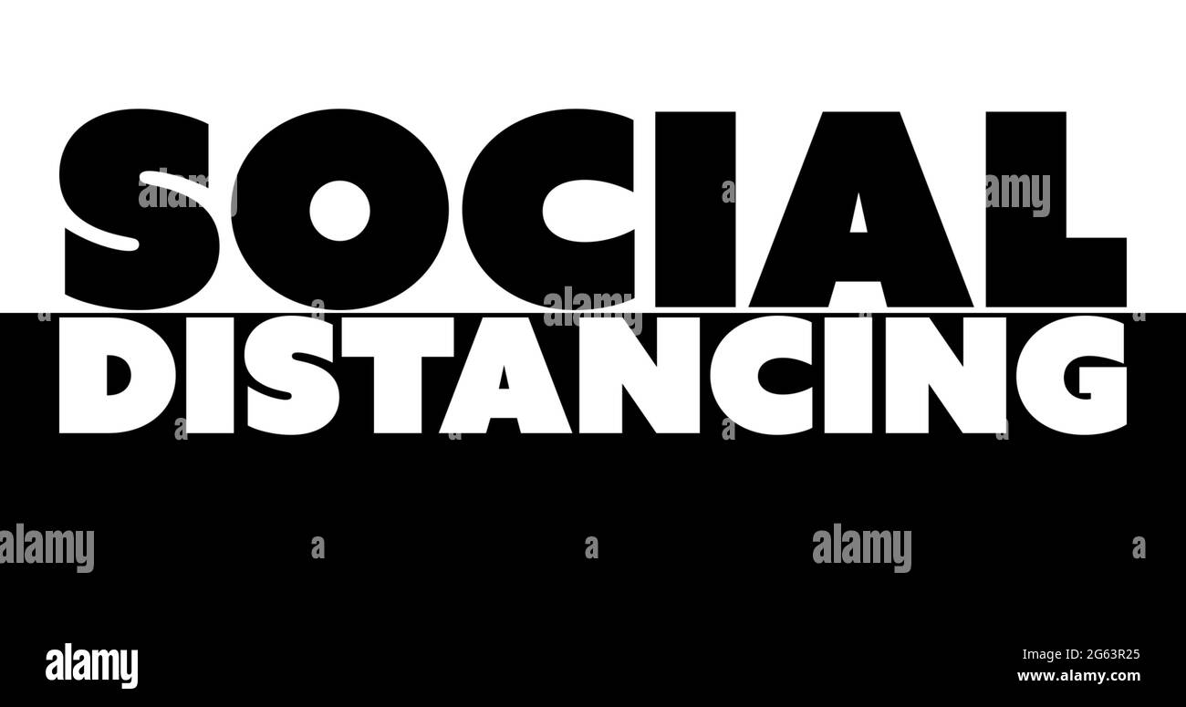 Texte social distançant se déplaçant sur fond blanc et noir Banque D'Images
