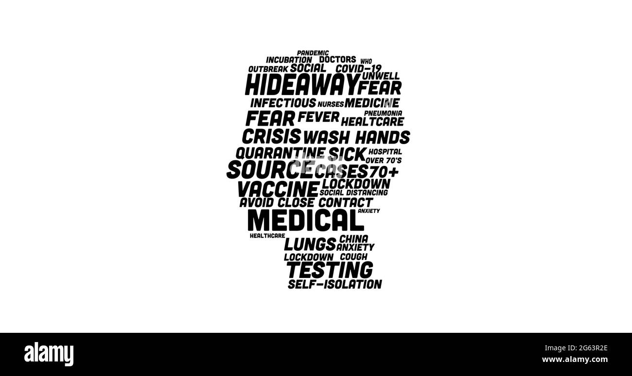Tête humaine composée de textes de concept de coronavirus et de texte social distançant sur fond blanc Banque D'Images