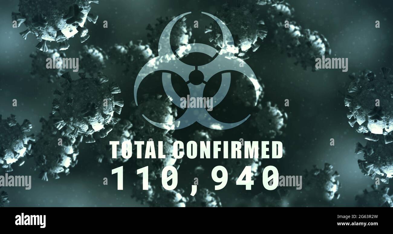 Image d'un signe de danger pour la santé au-dessus des cellules du coronavirus flottant dans un liquide 4k Banque D'Images