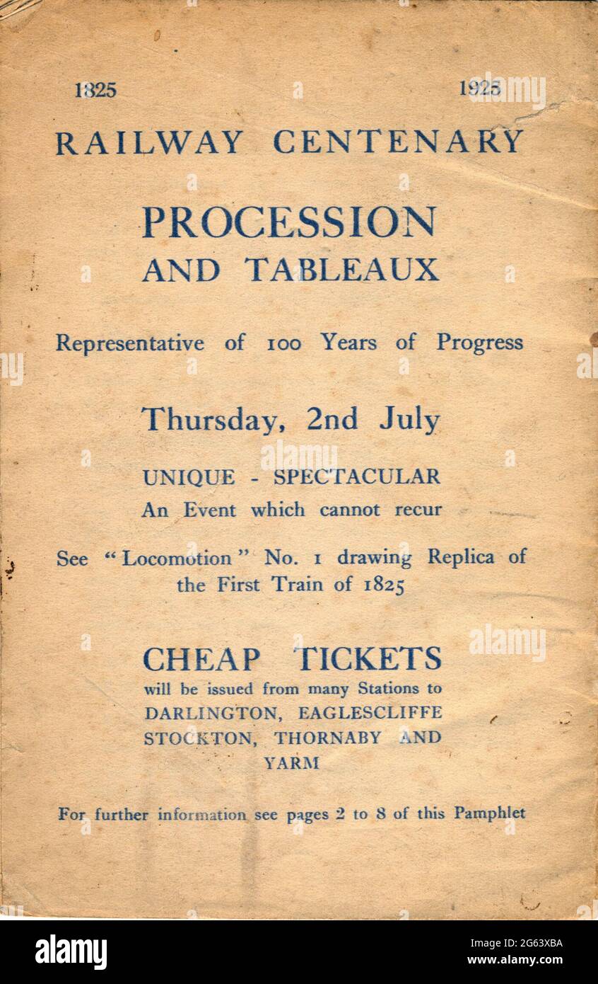 Le programme commémoratif 1925 pour la célébration du centenaire de l'ouverture du chemin de fer Stockton et Darlington. La couverture et les 14 pages du programme sont disponibles dans mes images. Banque D'Images