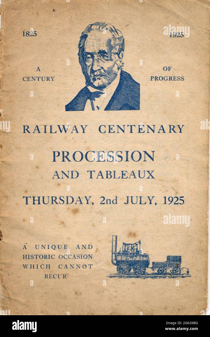 Le programme commémoratif 1925 pour la célébration du centenaire de l'ouverture du chemin de fer Stockton et Darlington. La couverture et les 14 pages du programme sont disponibles dans mes images. Banque D'Images
