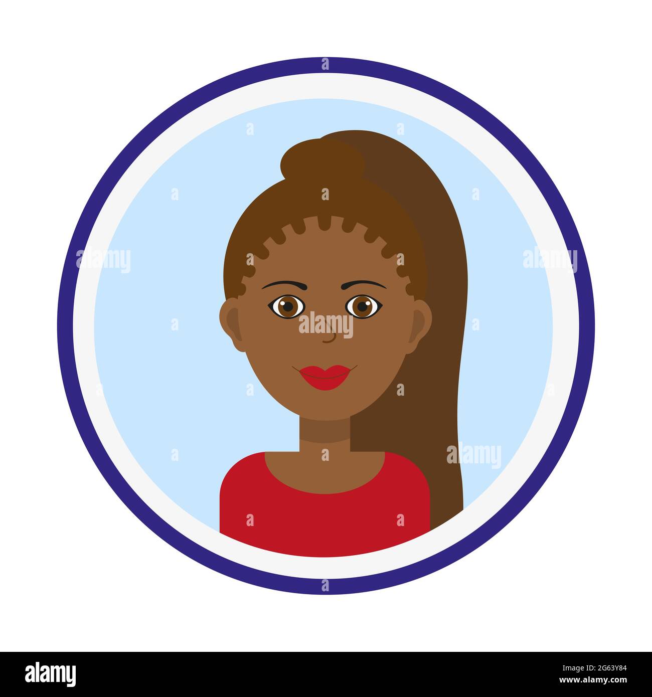Mignon portrait de femme noir sur fond bleu. Illustration de Vecteur