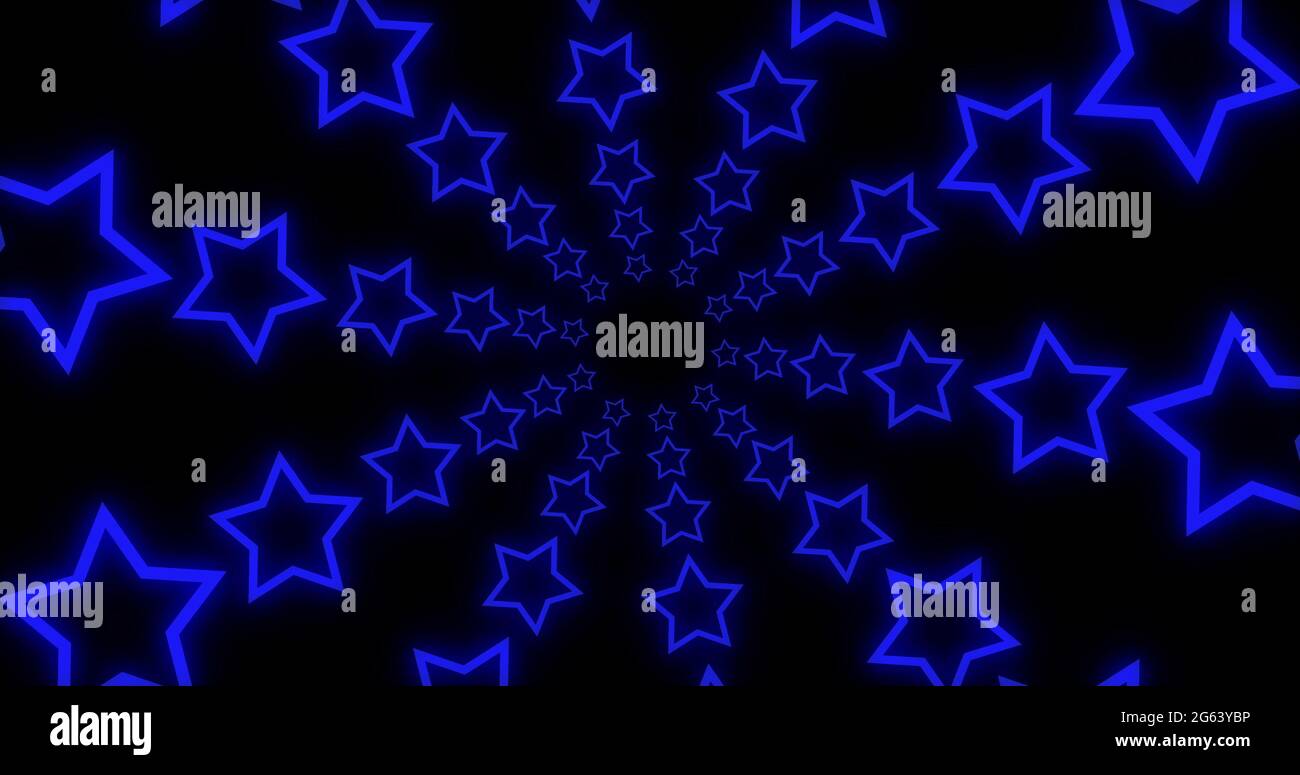 Image des étoiles fluo rouges, blanches et bleues du drapeau américain scintillant sur fond noir. Banque D'Images