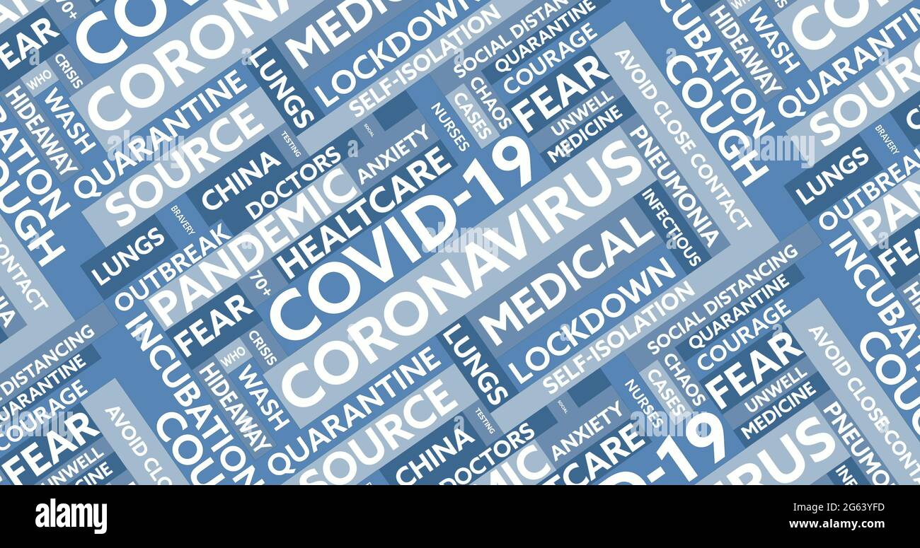 Texte du concept de coronavirus dans des bannières colorées se déplaçant sur fond bleu Banque D'Images