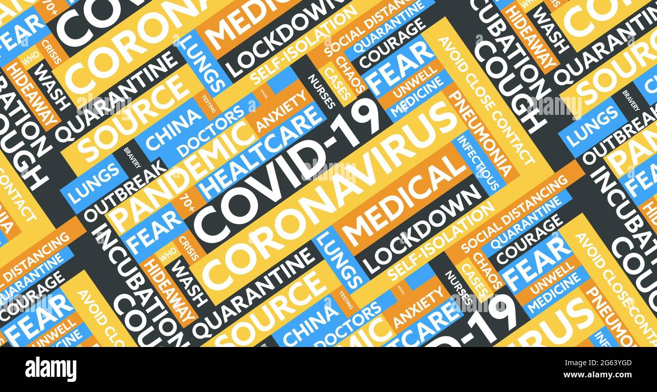 Les textes du concept de coronavirus dans des bannières colorées se déplaçant sur fond gris Banque D'Images
