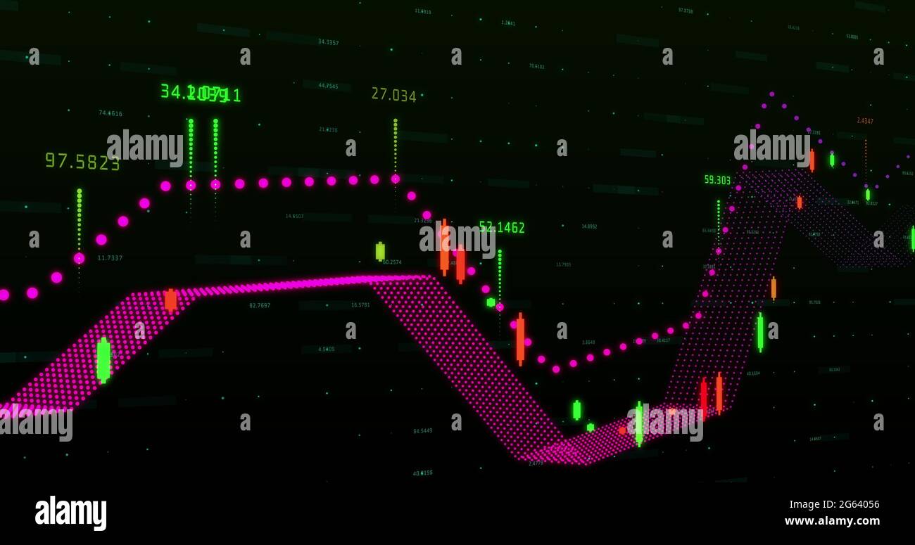 Graphique multicolore et nombres se déplaçant par rapport à la carte du monde en arrière-plan Banque D'Images