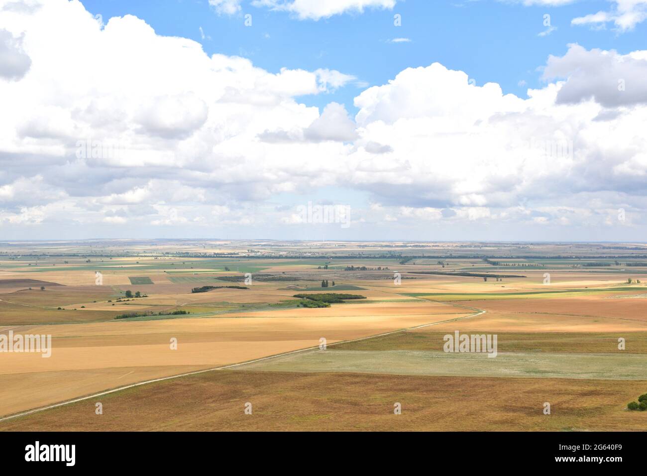 Point de vue de Tierra de Campos dans la ville d'Autilla del pino. Immense plaine de champs de céréales à Castilla y Leon, grenier de l'Espagne. Banque D'Images