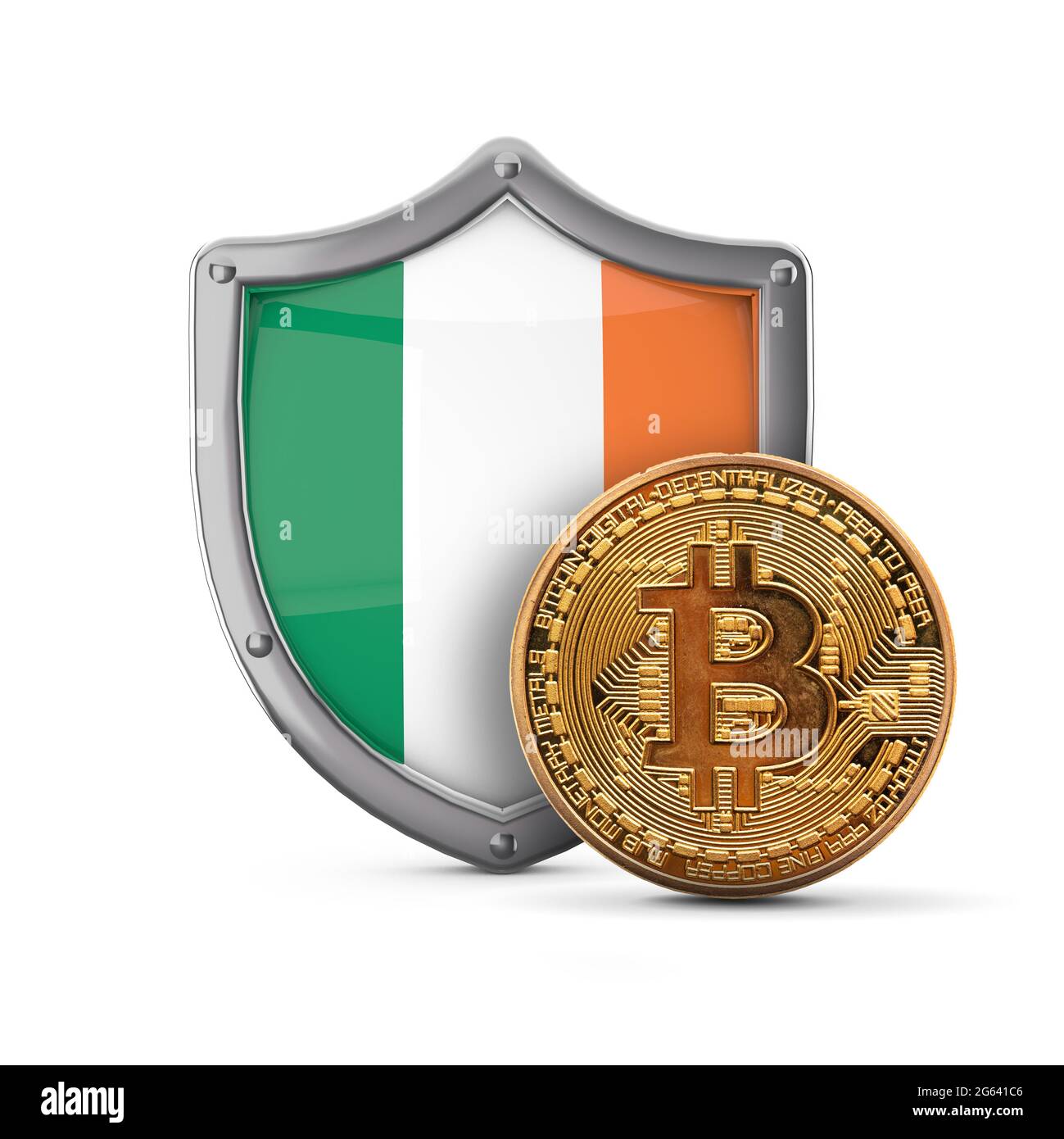 Pièce de monnaie crypto-monnaie Bitcoin devant un bouclier du drapeau de l'Irlande. Rendu 3D Banque D'Images