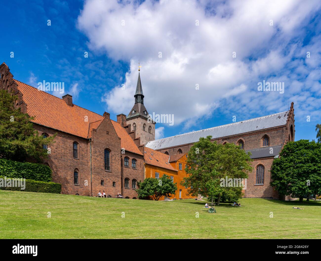 Odense, Danemark - 9 juin 2021 : le parc municipal et la cathédrale de Saint-Canute à Odense Banque D'Images