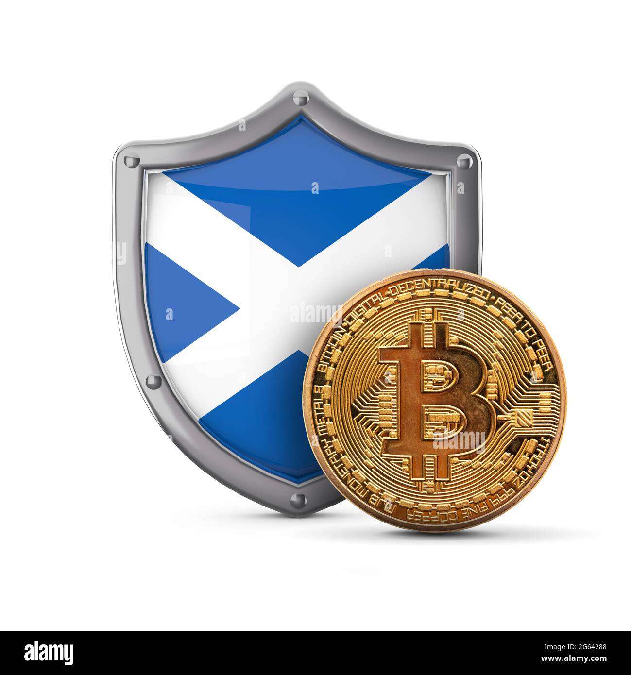 Pièce de monnaie crypto-monnaie Bitcoin devant un bouclier de drapeau écossais. Rendu 3D Banque D'Images