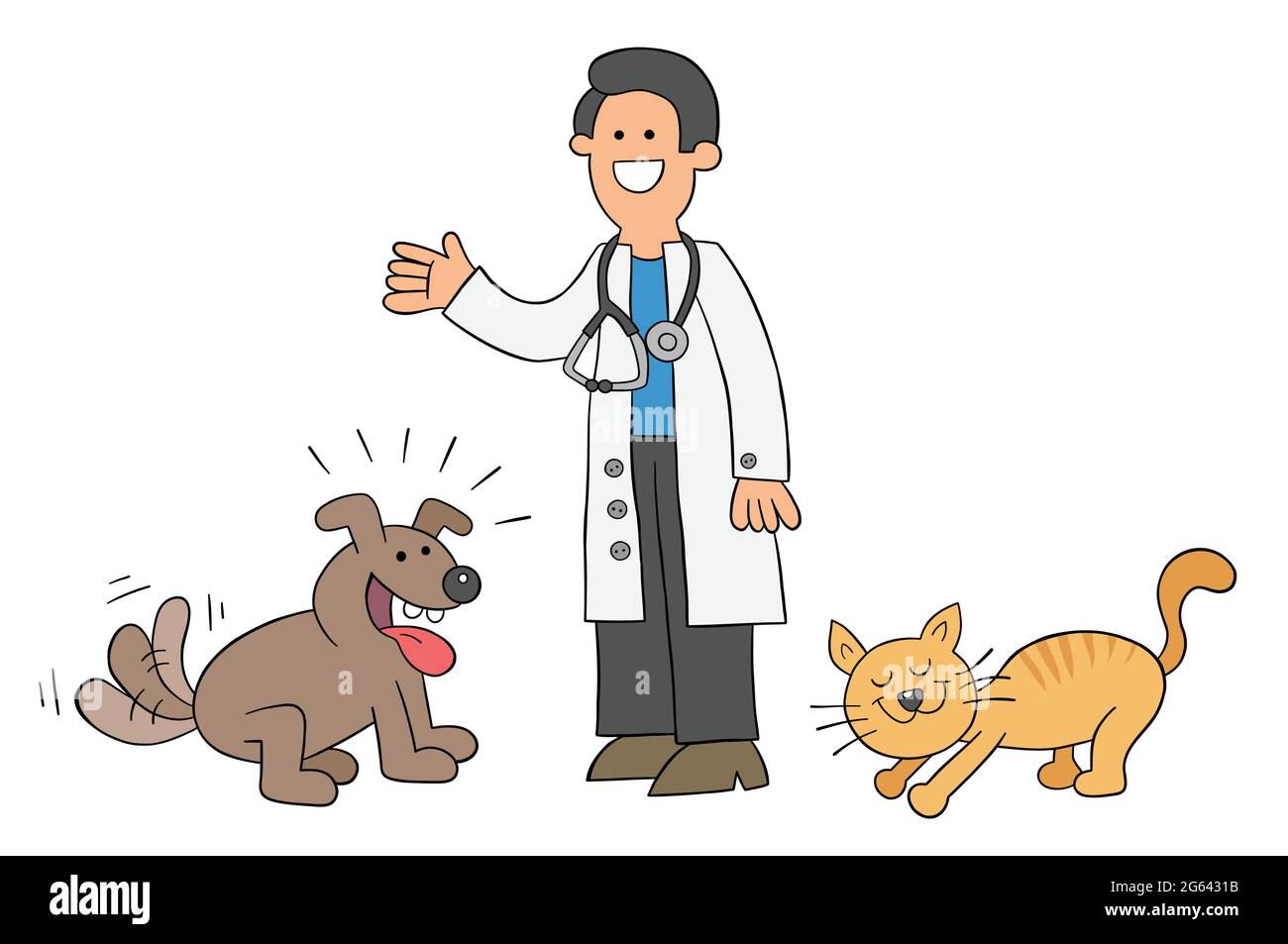Caricature Le Veterinaire Est Avec Le Chat Et Le Chien Et Ils Sont Tres Heureux Illustration Vectorielle Contours Colores Et Noirs Image Vectorielle Stock Alamy
