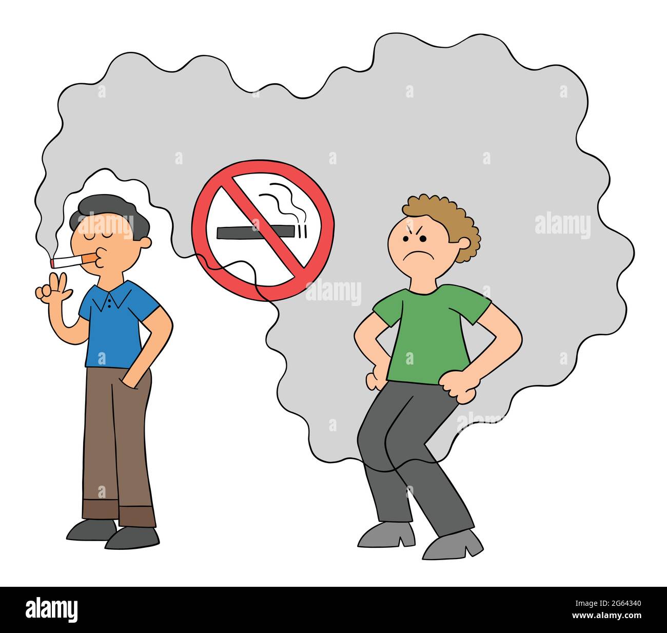 Un homme de dessin animé fume dans un endroit non fumeur et un homme derrière est gêné par la fumée de cigarette, illustration vectorielle. Contours colorés et noirs. Illustration de Vecteur