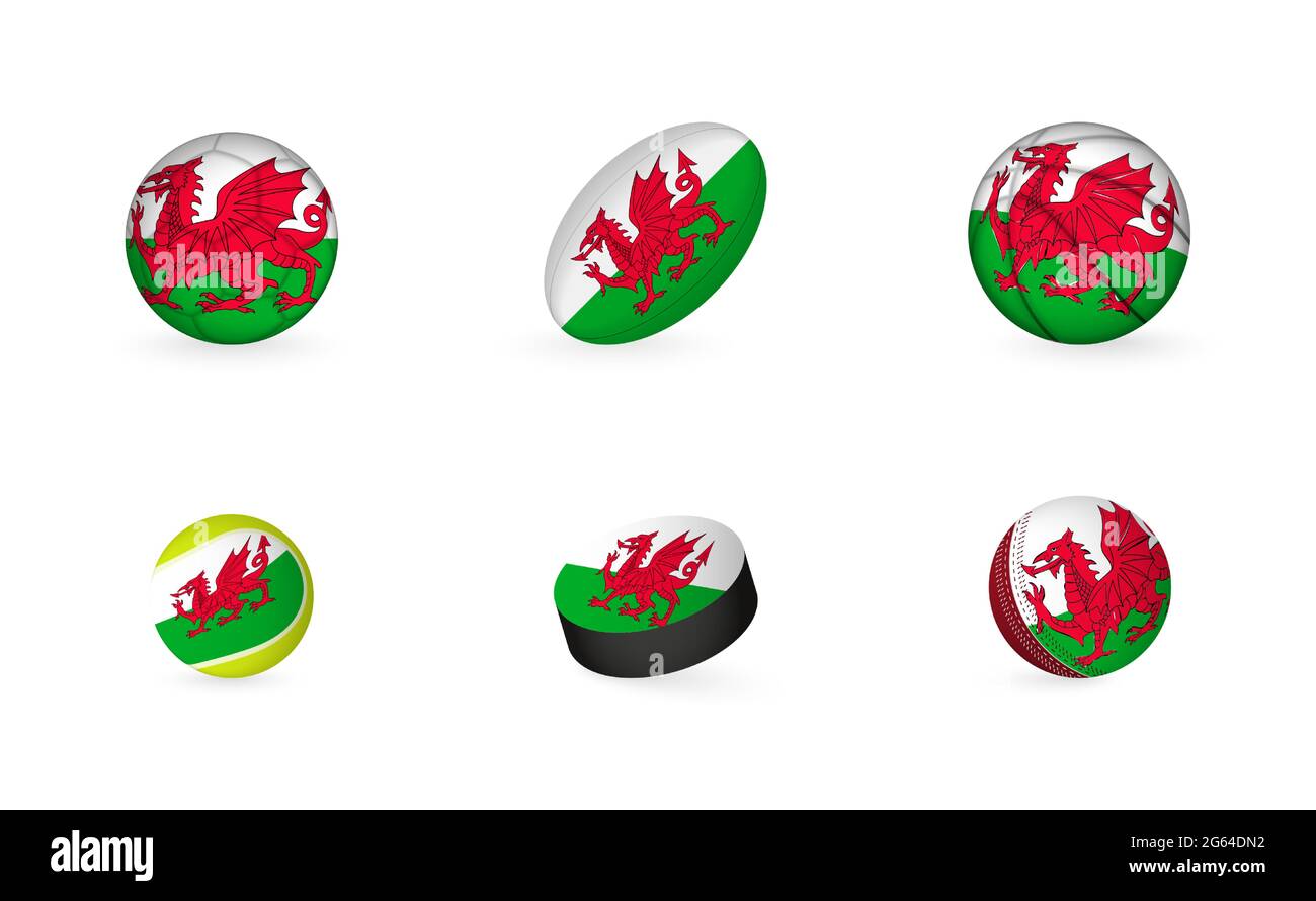 Équipement sportif avec drapeau du pays de Galles. Jeu de football, rugby, basket-ball, tennis, hockey, Cricket. Illustration de Vecteur