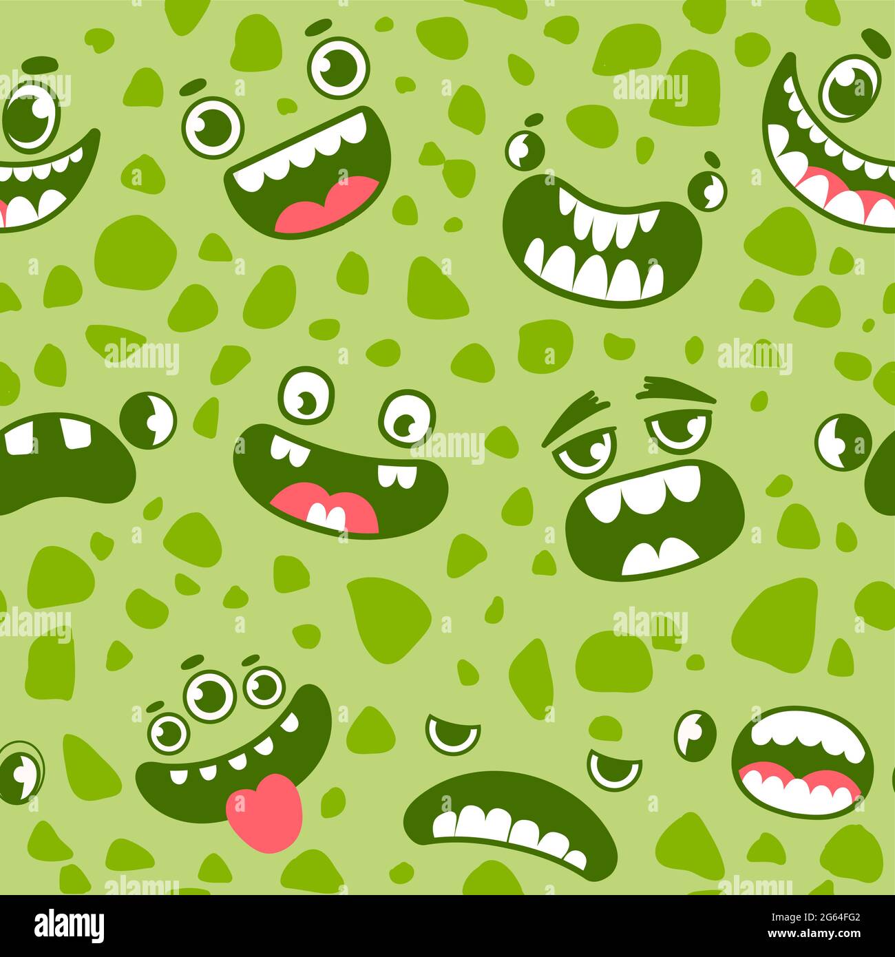 Motif sans coutures Monster faces. Caricature halloween monstres, fantômes et extraterrestres yeux, bouches et dents. Imprimé créatures effrayantes pour enfant Illustration de Vecteur