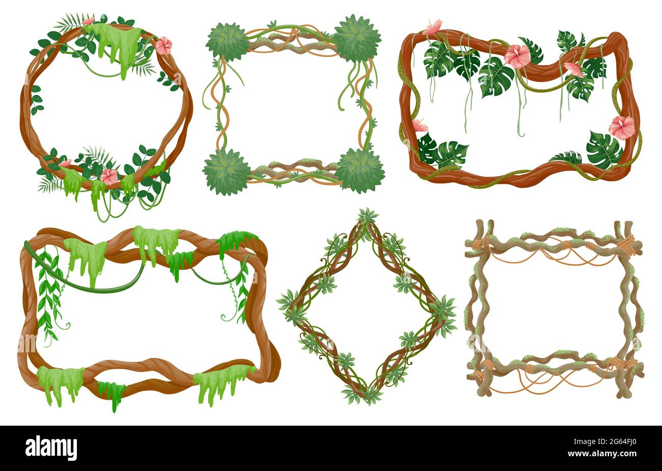 Cadres de liana de jungle. Branches de dessin animé de forêt tropicale avec mousse, vignes avec feuilles tropicales et fleurs exotiques cadre rond et carré ensemble de vecteur Illustration de Vecteur Cadres de liana de jungle. Branches de dessin animé de forêt tropicale avec mousse, vignes avec feuilles tropicales et fleurs exotiques cadre rond et carré ensemble de vecteur Illustration de Vecteur