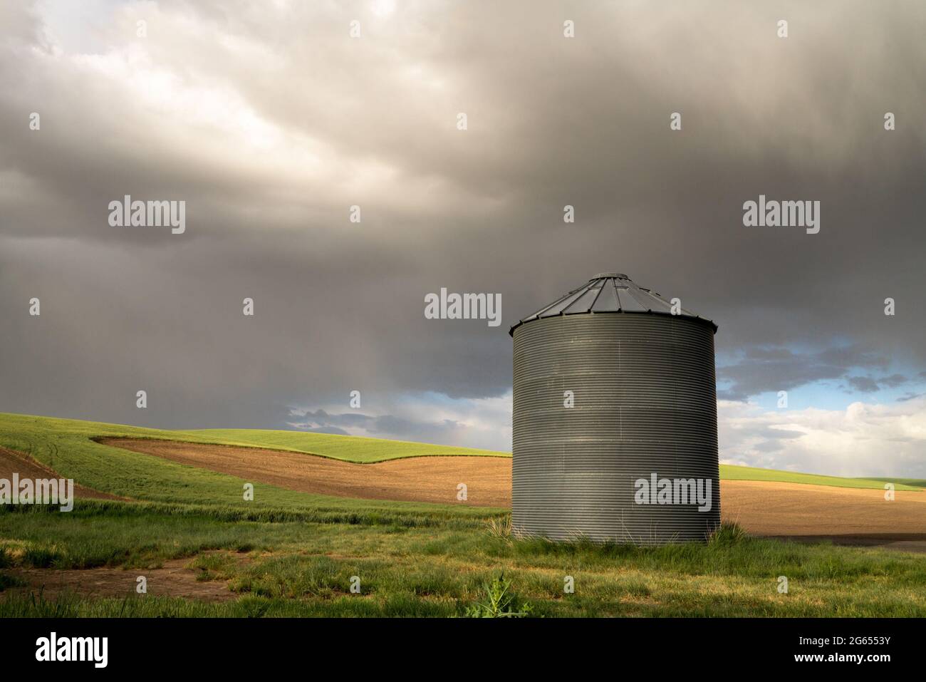 Vue sur le silo de céréales industriel de la ferme de blé de l'État de Washington Palouse Banque D'Images