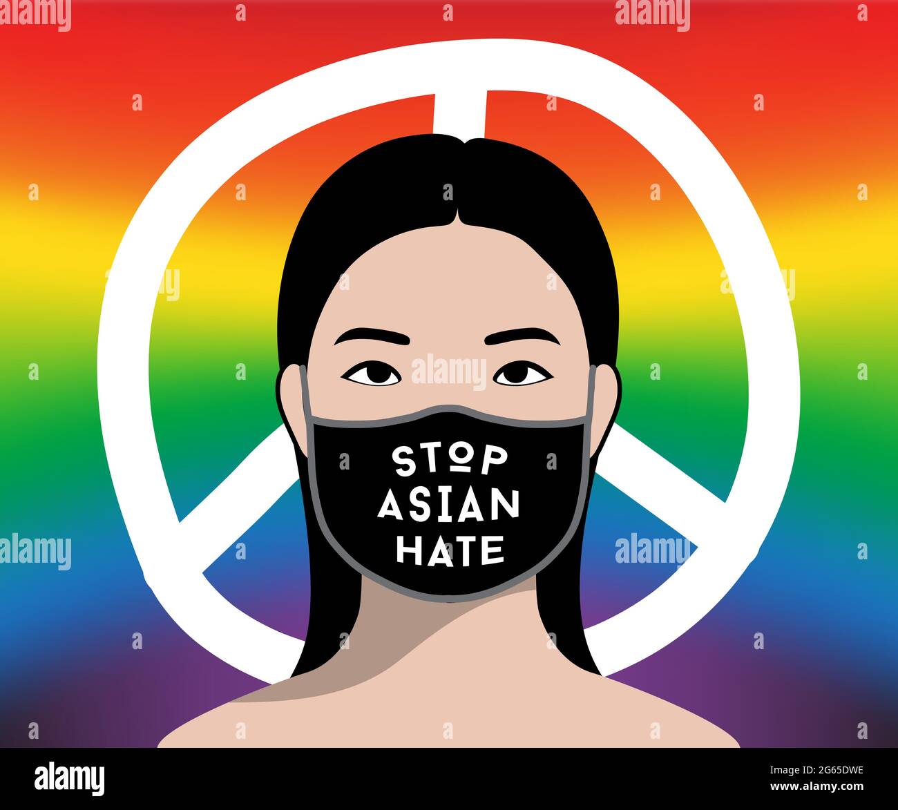 Stop asiatique haine texte blanc sur masque noir, sur le visage de la femme asiatique avec symbole de paix blanc et fond multicolore Illustration de Vecteur