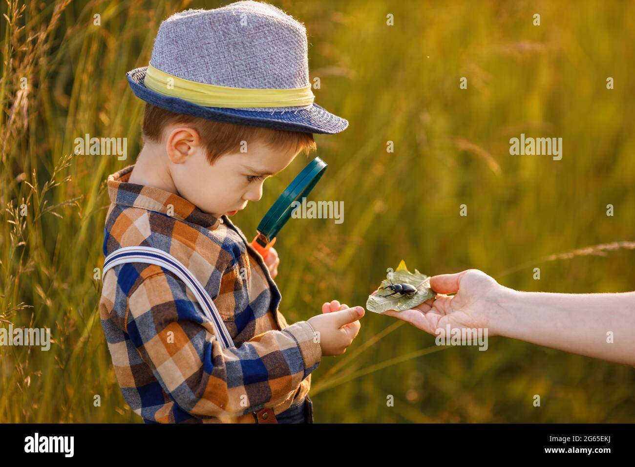 petit garçon explorant la nature dans la prairie avec une loupe Banque D'Images