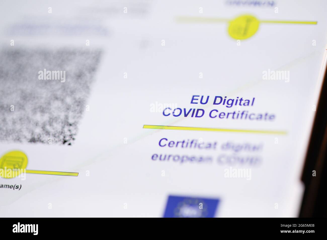 Bucarest, Roumanie - 1er juillet 2021: Détails de faible profondeur de champ (focus sélectif) avec un certificat européen Digital COVID sur l'affichage d'une foule Banque D'Images