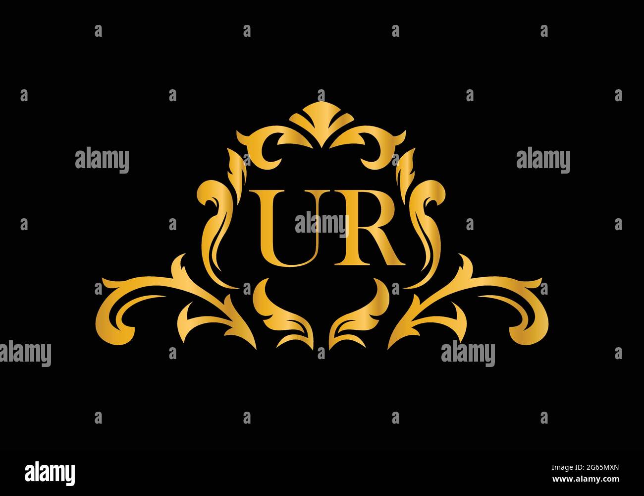 Lettres alphabétiques de luxe UR. Alphabet floral doré . Initiales du monogramme parfaitement pour les invitations de mariage, carte de voeux, logo, et autre design. Illustration de Vecteur