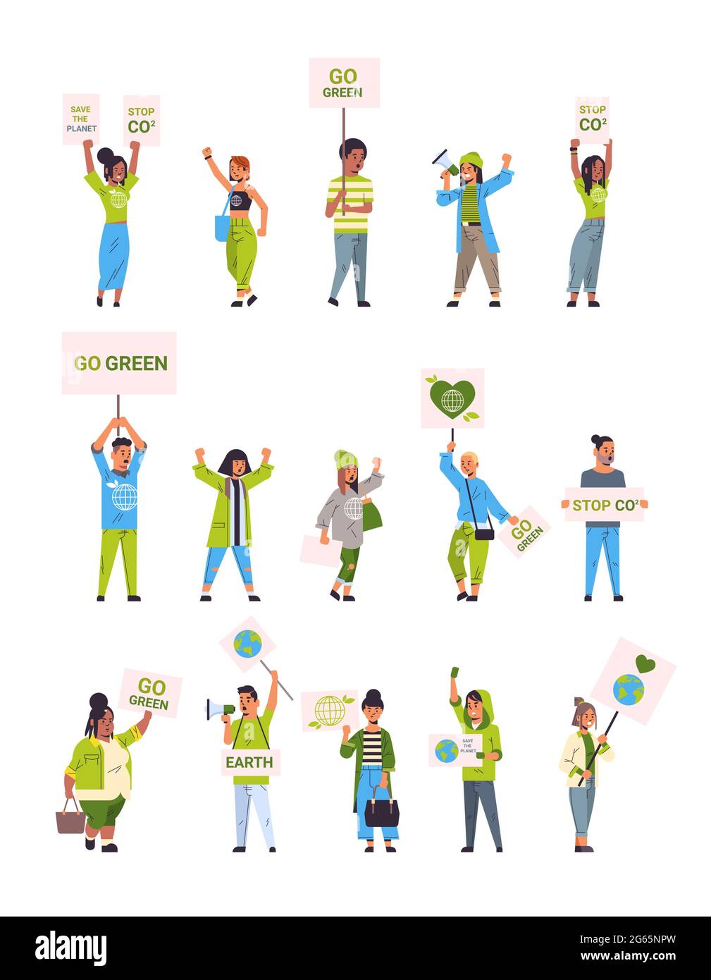 set les activistes de l'environnement tenant des affiches vont vert sauver planète grève concept mix de course des manifestants faisant campagne pour protéger la terre manifestant contre Illustration de Vecteur