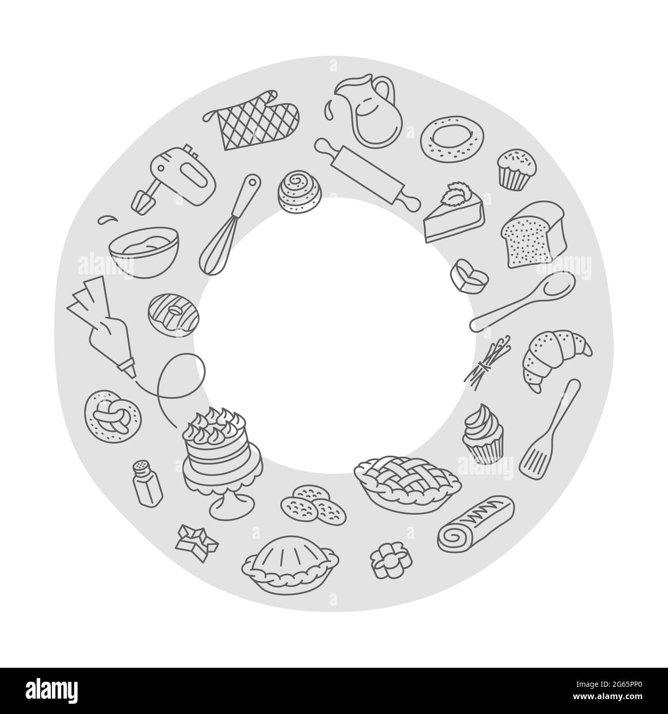 Étiquettes linéaires pour produits de boulangerie et outils de cuisson. Autocollant rond. Icônes de fines lignes de produits de boulangerie et d'ustensiles de cuisine. Style doodle dessiné à la main. Package de Illustration de Vecteur