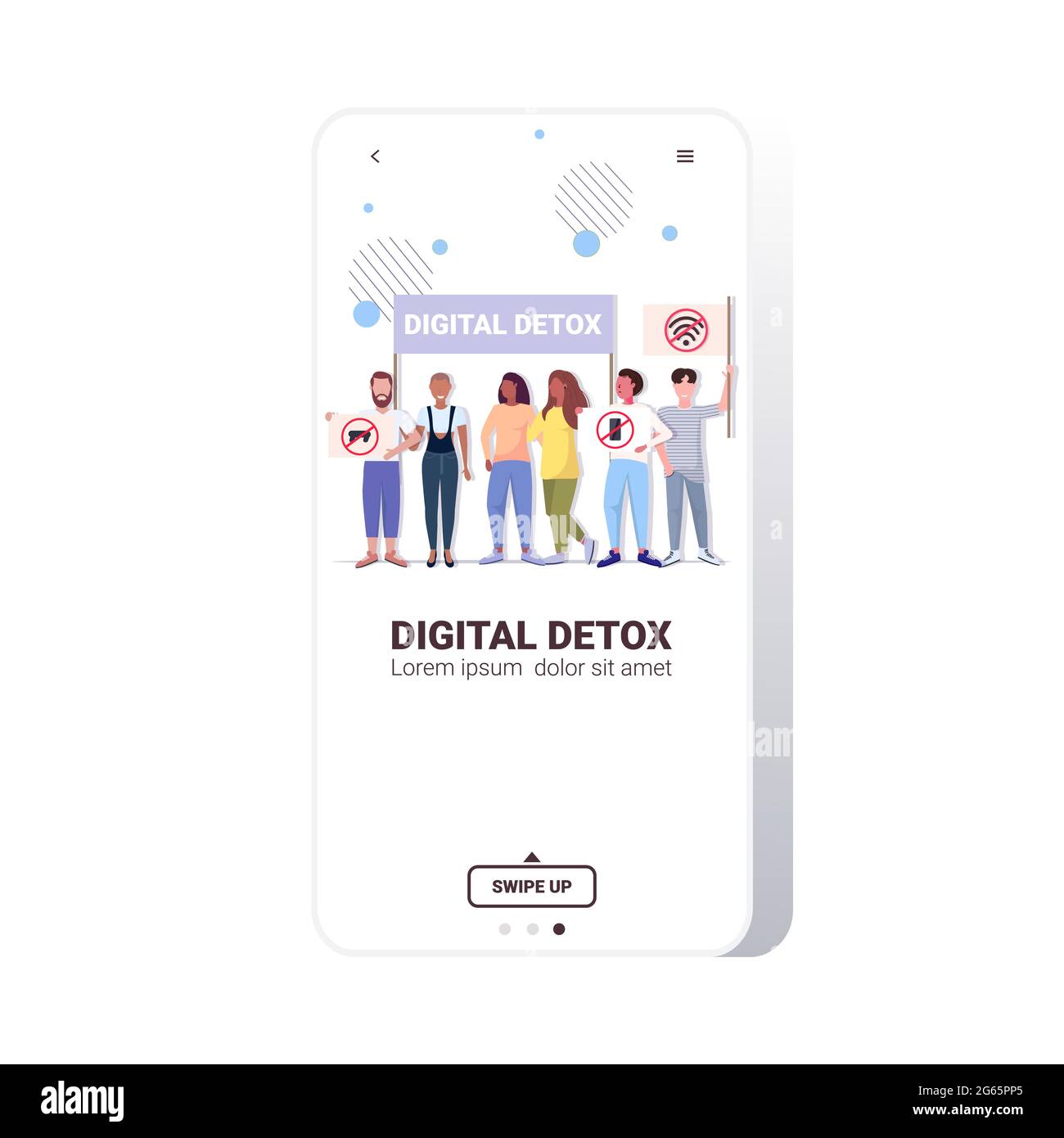les activistes portant des affiches avec des gadgets en rouge l'interdiction signe le concept de détox numérique Illustration de Vecteur