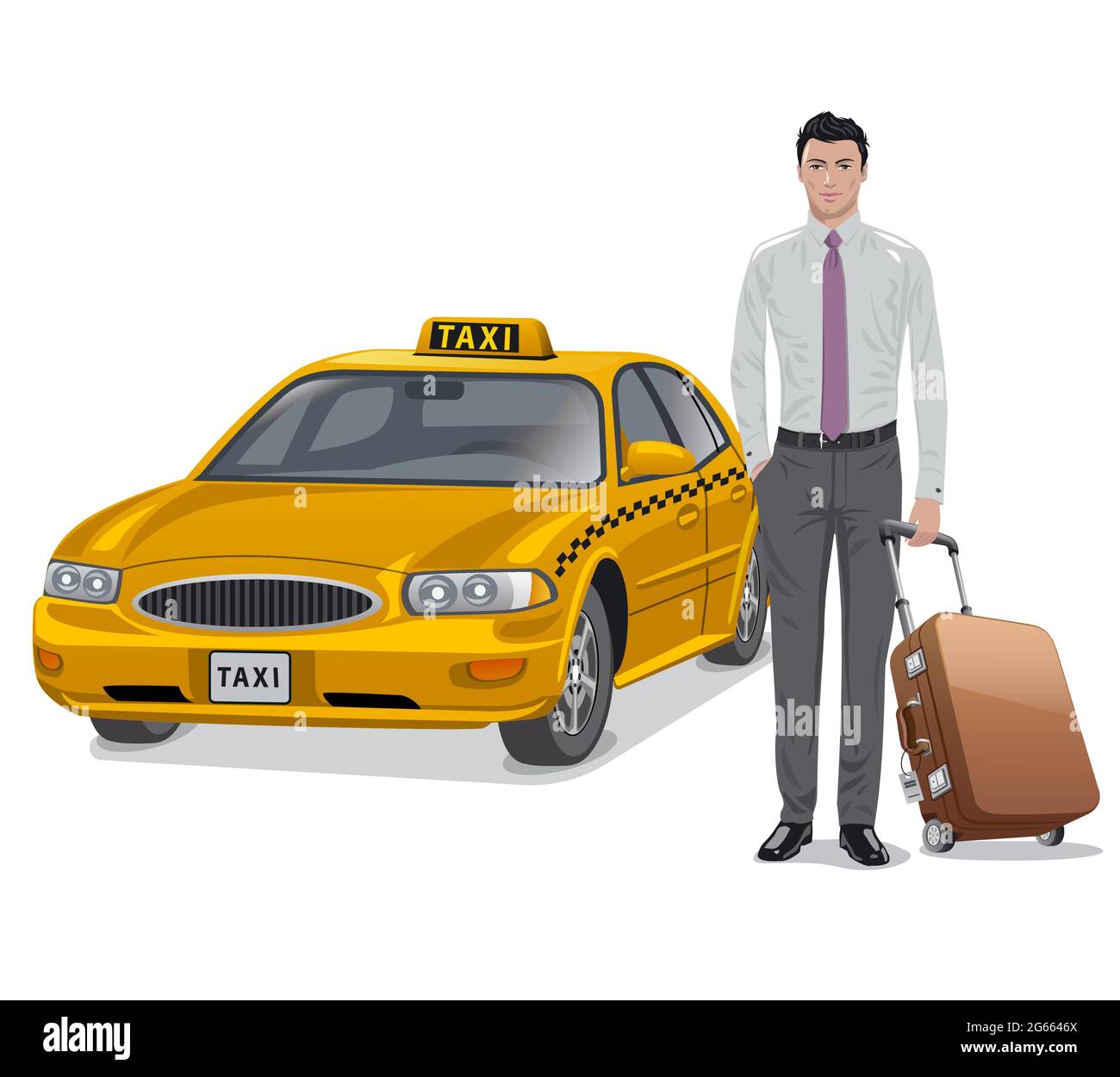 Illustration du jeune homme avec bagages et voiture de taxi Illustration de Vecteur