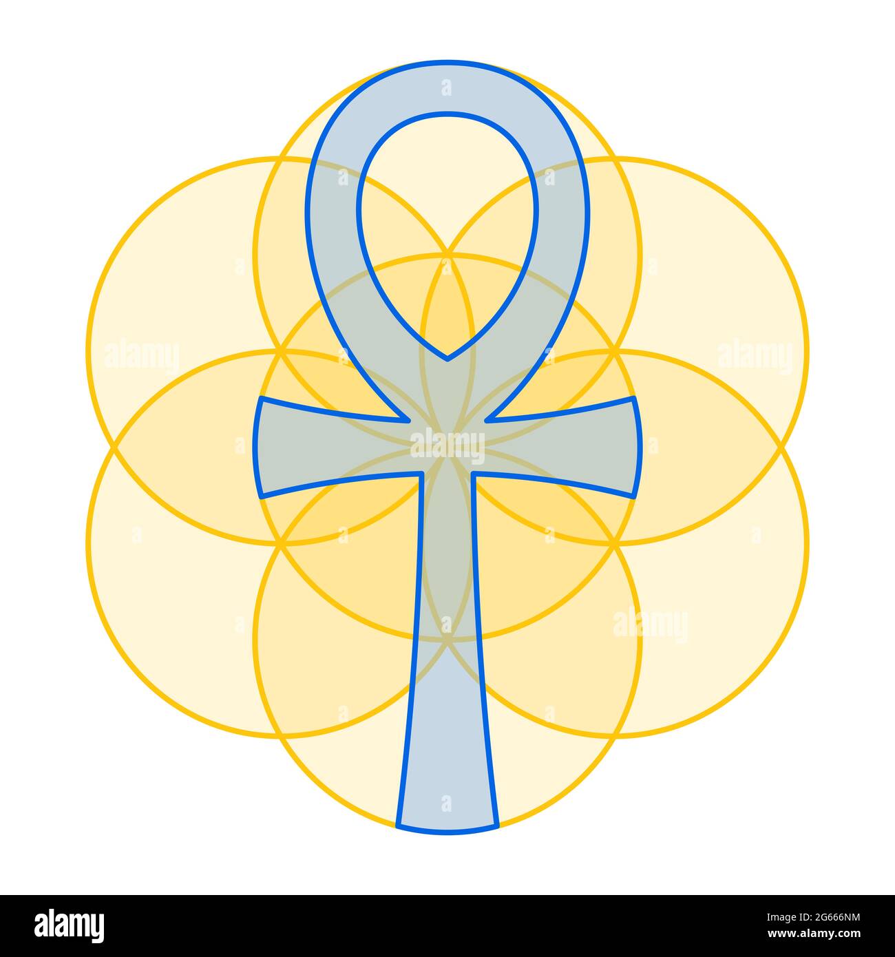 L'Ankh bleu s'adapte parfaitement à la graine de vie dorée. La croix de poignée, un symbole hiéroglyphique égyptien, dans une figure géométrique de cercles se chevauchant. Banque D'Images