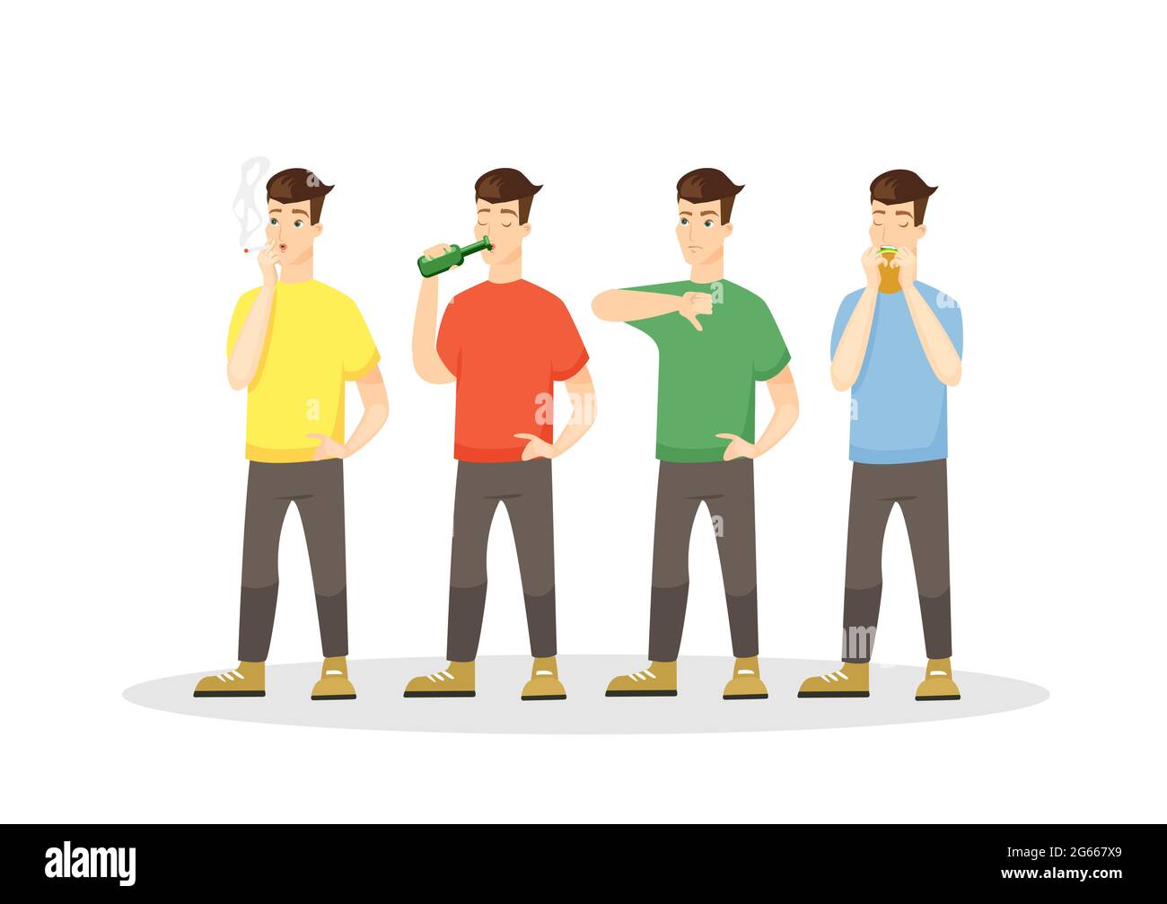 Illustration du vecteur plat des mauvaises habitudes. Tabagisme, dépendance à l'alcool et excès de nourriture rapide. Les gens avec la cigarette, les hommes avec la bouteille et le dessin animé de hamburger Illustration de Vecteur