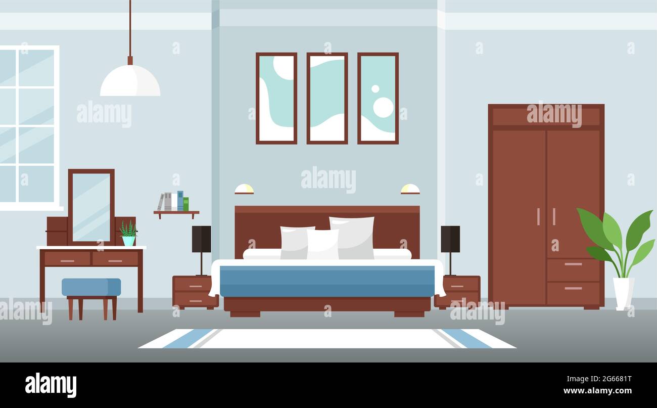 Chambre intérieure décor plat coloré concept illustration vectorielle avec mobilier et fenêtre Illustration de Vecteur
