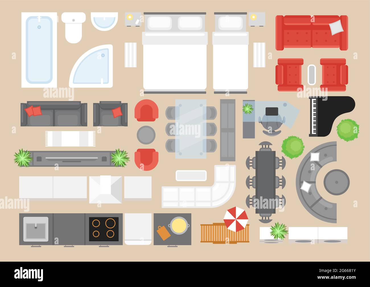 Mobilier d'appartement, ensemble d'illustrations vectorielles plates. Maison de style moderne décoration intérieure pack éléments design. Chambre contemporaine, salle de bains, cuisine et Illustration de Vecteur