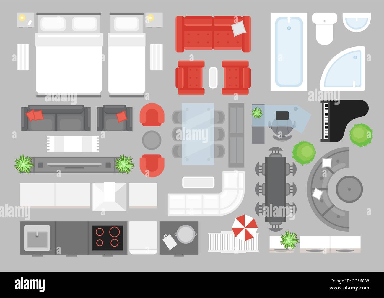 Vue de dessus de l'ensemble d'illustrations vectorielles du mobilier. Éléments de conception pour le design intérieur. Collection d'icônes de la vue de dessus de l'intérieur plat. Salle de séjour, salle de bains Illustration de Vecteur