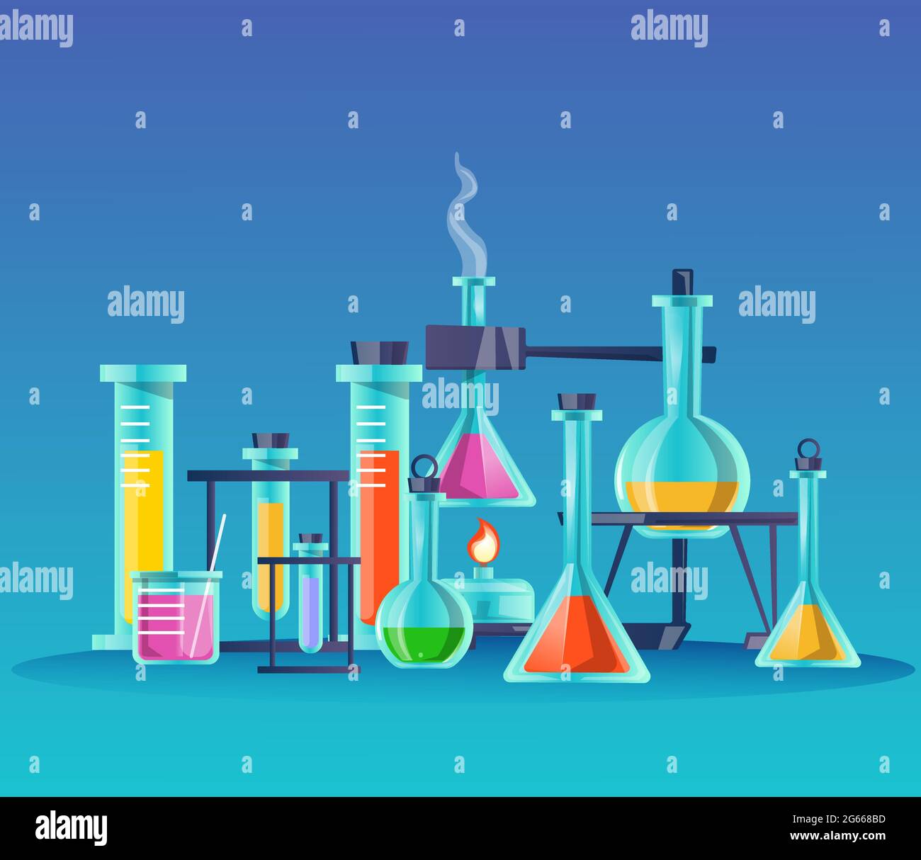 Illustration de flacons en verre à vecteur plat. Articles de laboratoire scientifique, équipement de laboratoire chimique, attributs des expériences. Récipients contenant du liquide de couleur Illustration de Vecteur