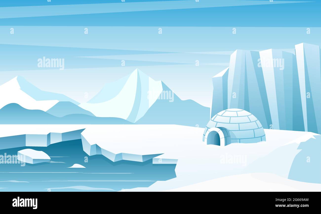Paysage arctique avec illustration à vecteur plat igloo de glace. Maison, cabane construite de neige. Pics des montagnes de glace. Les Eskimo habitent un refuge. Grand iceberg Illustration de Vecteur