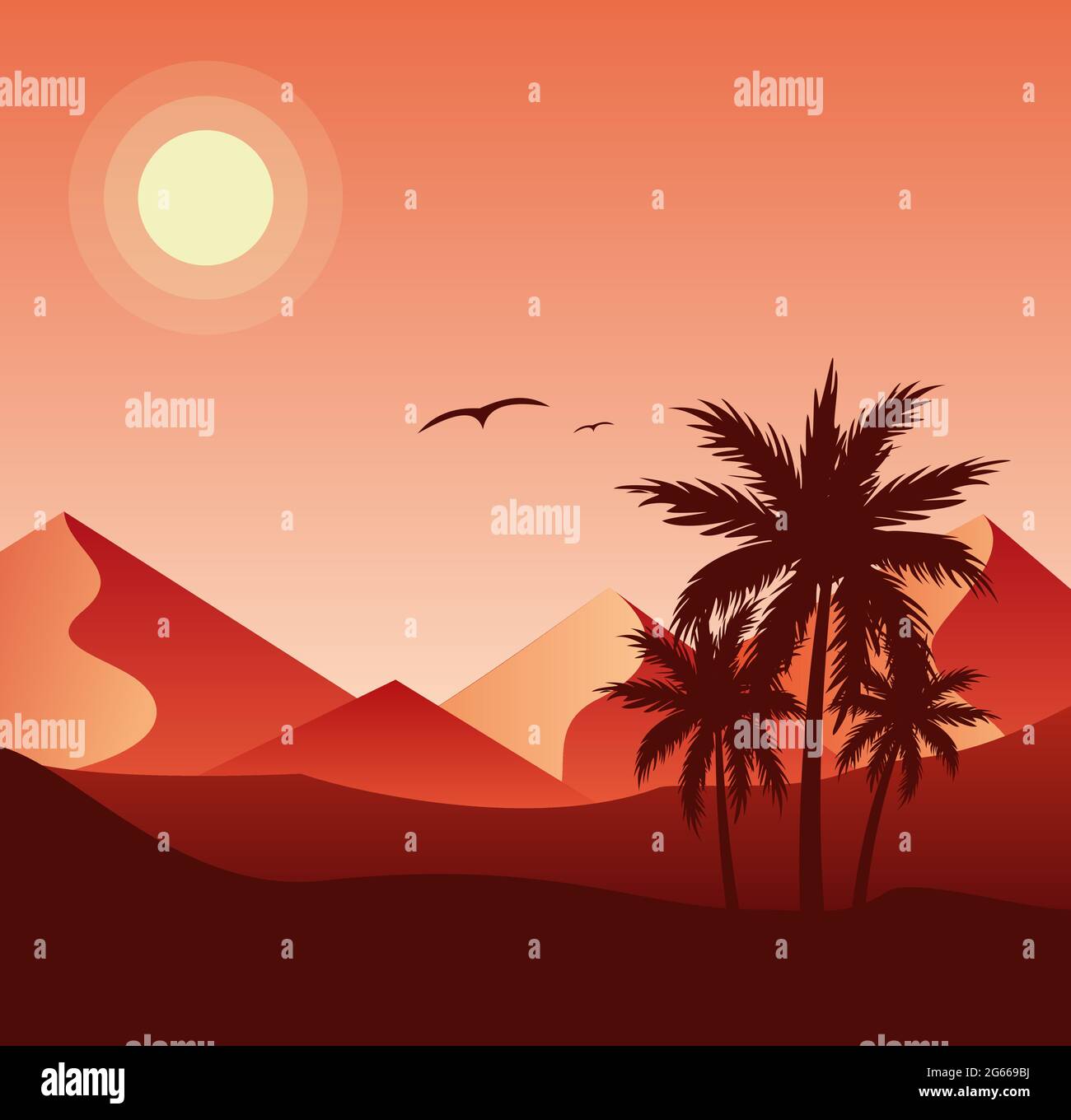 Coucher de soleil dans le désert illustration vectorielle plate colorée Illustration de Vecteur